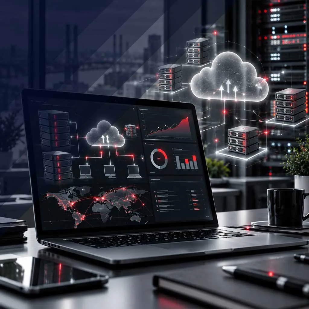 Laptop showing cloud servers and data replication keeping a business running