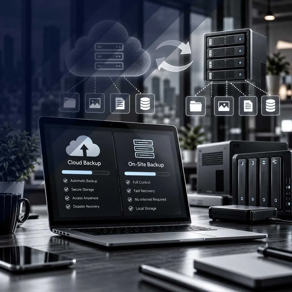 Laptop comparing cloud backup and on-site backup beside a local storage server