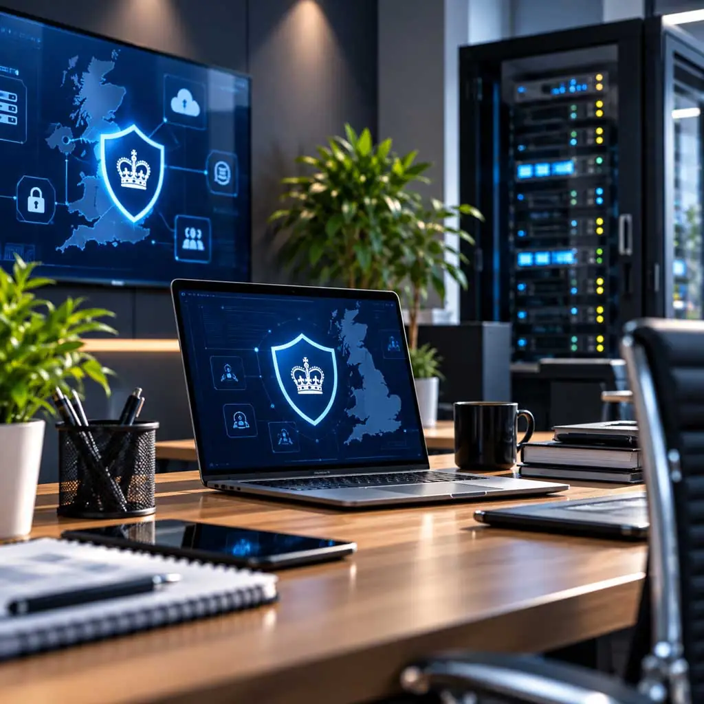 Office desk with a laptop and wall screen showing UK cyber security dashboards, with a server rack behind