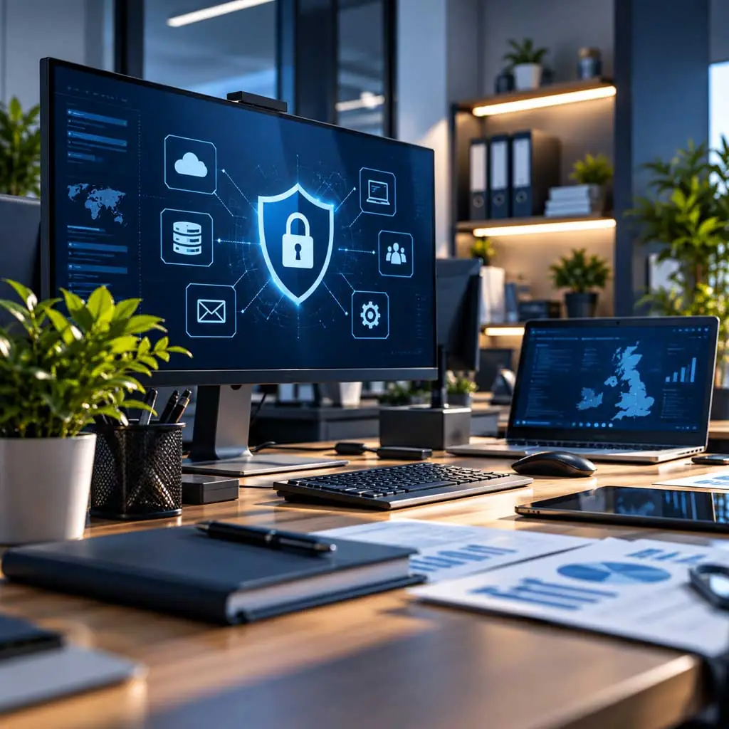 Office desk with a monitor showing a cyber security dashboard and a laptop displaying a UK map