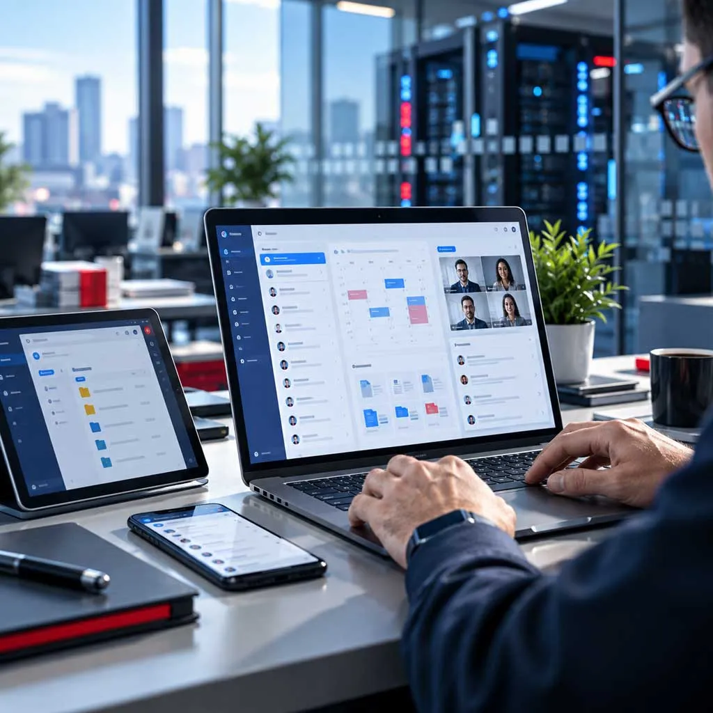 Business user working in Microsoft 365 email, calendar, Teams meetings and OneDrive files on laptop, tablet and phone