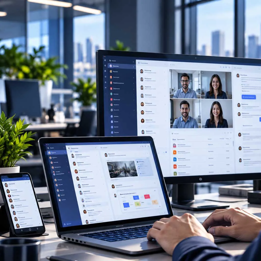Microsoft Teams video meeting, chat and shared files open on a monitor, laptop and phone